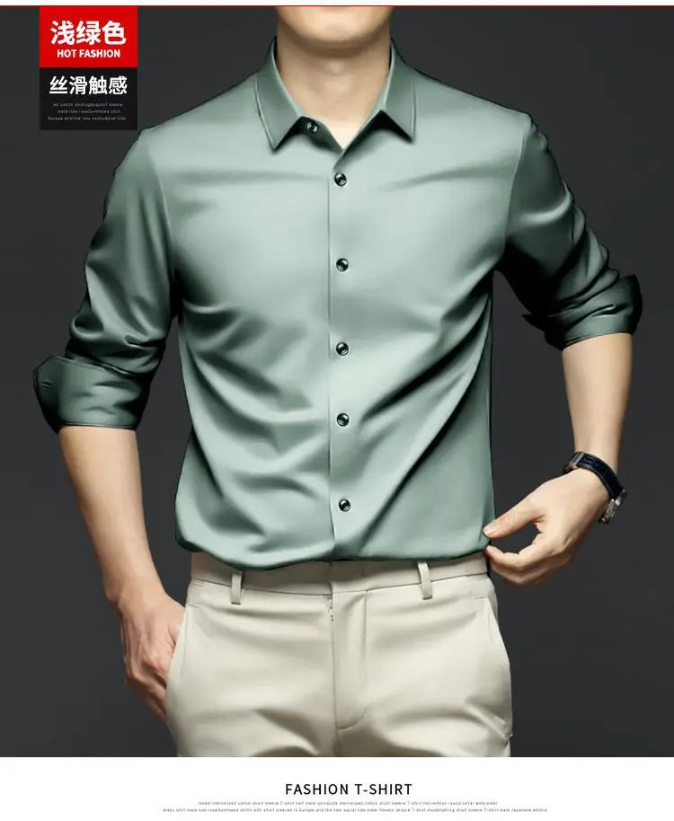 S-6XL Men's Long Sleeve Shirt Luxury Wrinkle Resistant Pure White Shirt Business Dress Casual Ice Silk Glossy Shirt