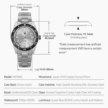 Watchdives WD1965 Luxury Men's Watch VH31 Sweep Second Quartz Movement 38mm Watch Night Light 20Bar Waterproof Watches