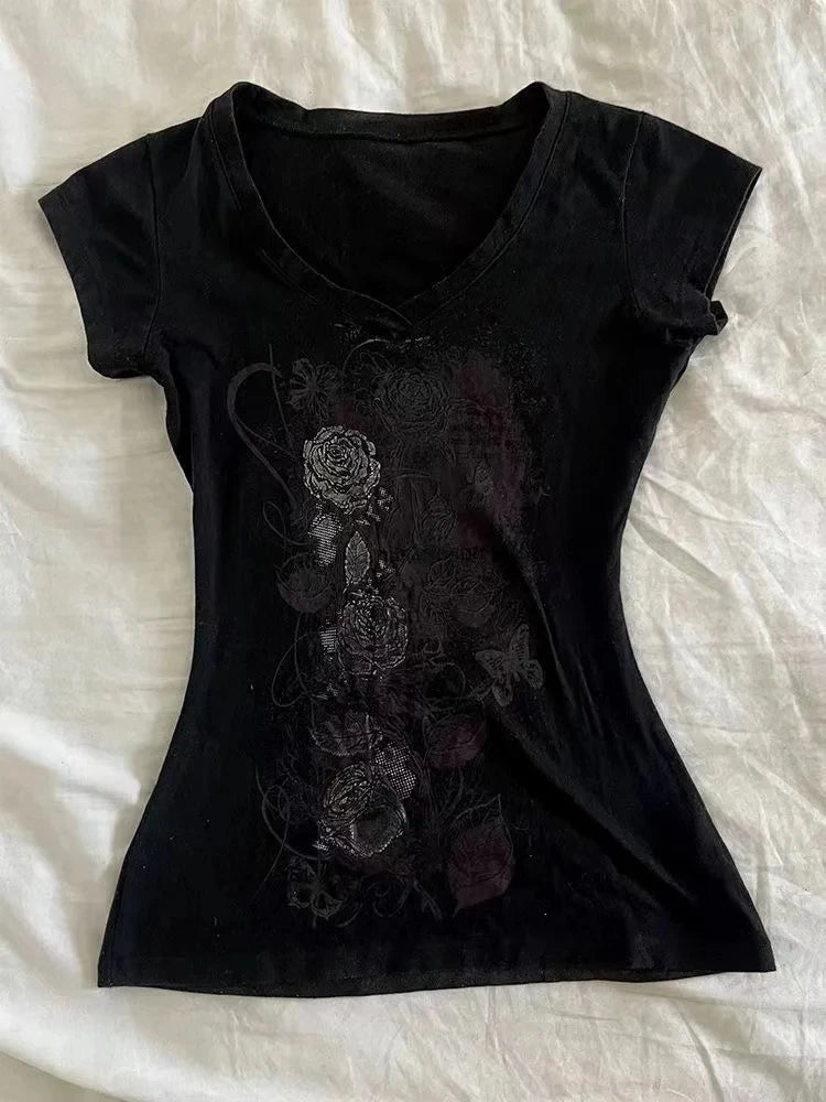 2026 Ropa Mujer Summer Tshirts for Women V-neck Short Sleeve Tunic Camisetas Pink Print Tees Crop Tops Casual Chic Y2k T-shirt