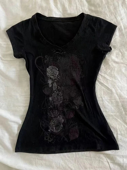 2026 Ropa Mujer Summer Tshirts for Women V-neck Short Sleeve Tunic Camisetas Pink Print Tees Crop Tops Casual Chic Y2k T-shirt