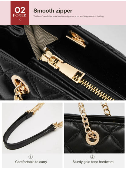 FOXER Women Fashion Quilted Shoulder Bag Female Classic Underarm Bag Vintage Lady Simple Tote Bags Chrismas Gift