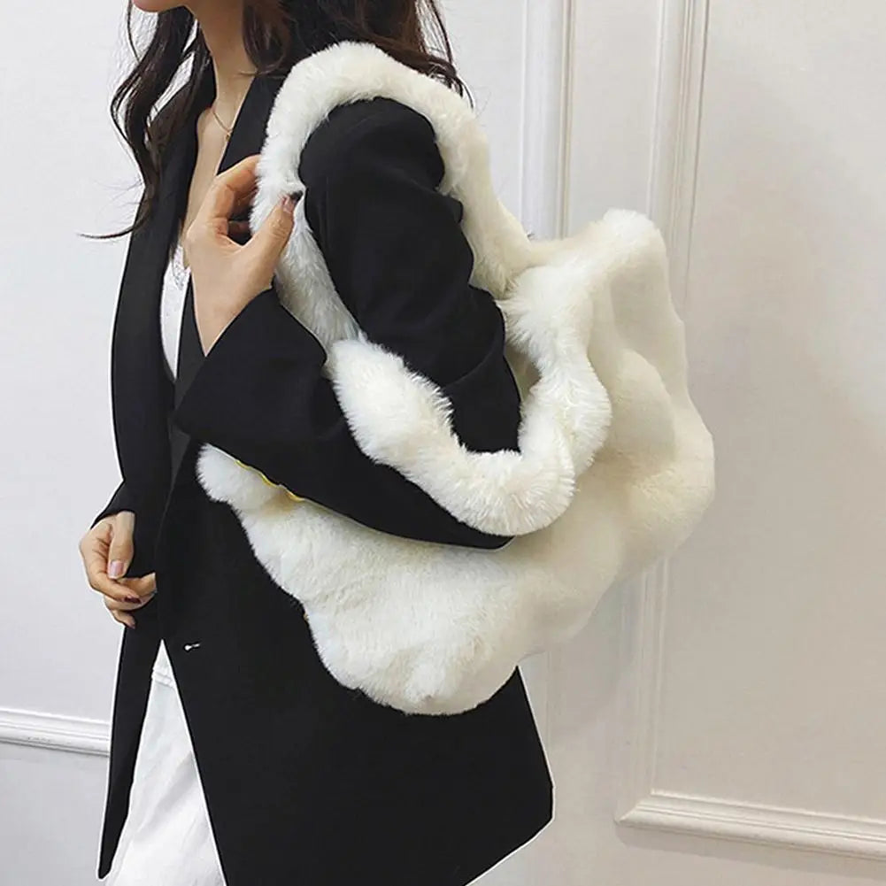 Women Plush Shoulder Bag Fluffy Handbag Large Capacity Casual Commuting Bag Furry Carrying Bag Soft Shopper Bag
