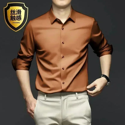 S-6XL Men's Long Sleeve Shirt Luxury Wrinkle Resistant Pure White Shirt Business Dress Casual Ice Silk Glossy Shirt