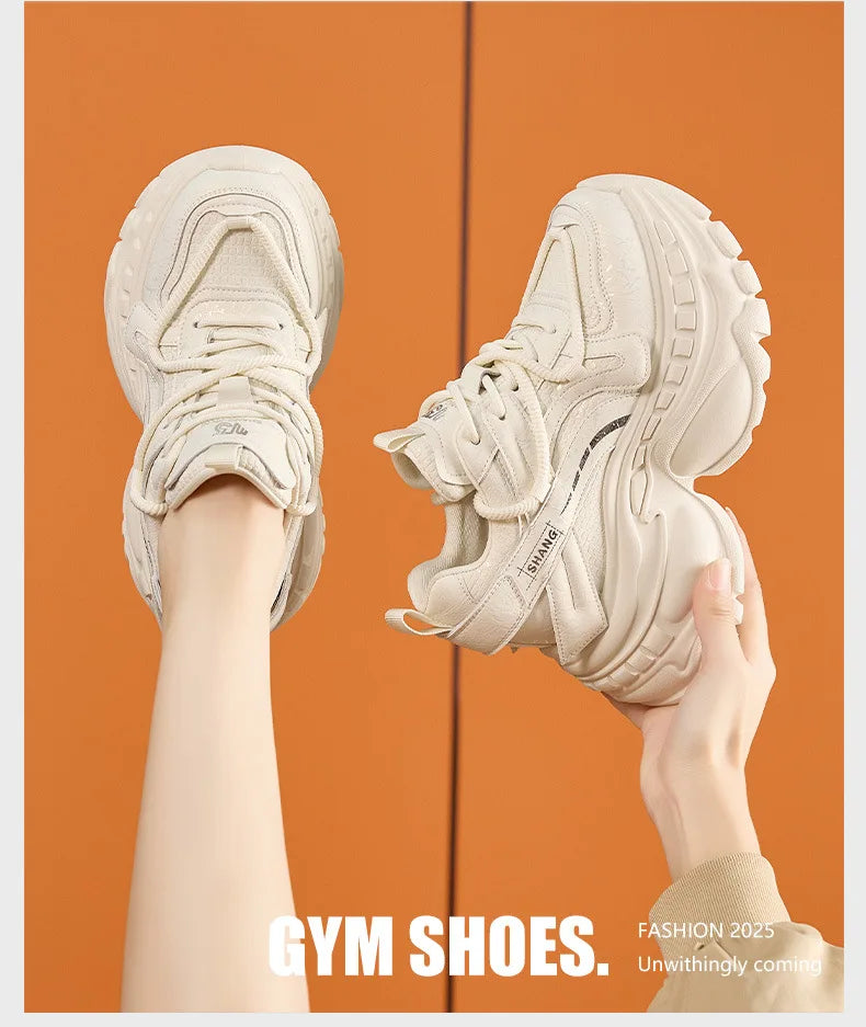 9cm Genuine Leather Chunky Sneakers for Women Fashion Sneakers Walking Shoes Platform Heel Sneakers Women Casual Shoes