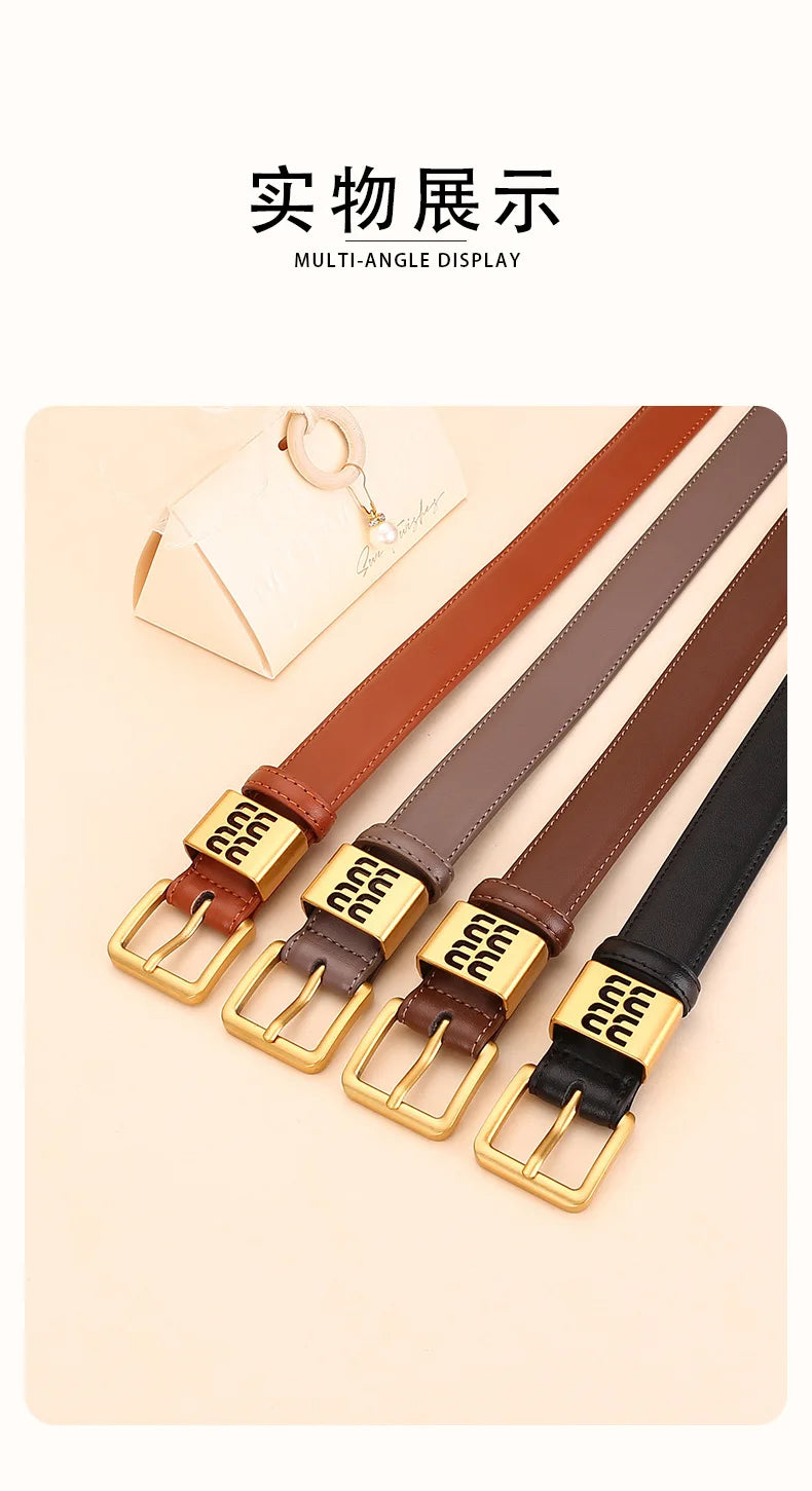 Genuine leather cowhide belt for women; versatile decorative waist belt with a sense of design; fashionable denim belt for ladie