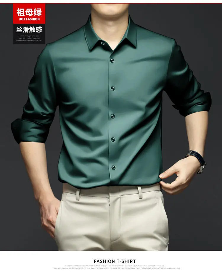 S-6XL Men's Long Sleeve Shirt Luxury Wrinkle Resistant Pure White Shirt Business Dress Casual Ice Silk Glossy Shirt