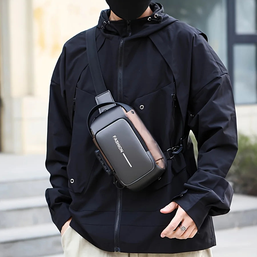 Men's Sporty Chest Bag Motorcycle Phone Pack with Password Lock, Zipper Closure Crossbody Sling Bag for Daily Commute Outdoor