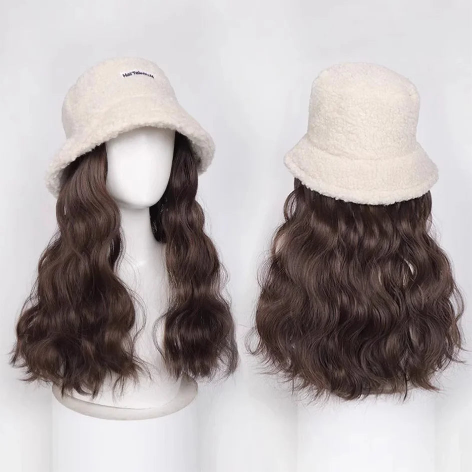 Synthetic 50cm winter cold resistant wig hat with long straight hair and long curly hair black/white hat with lambhair Christmas