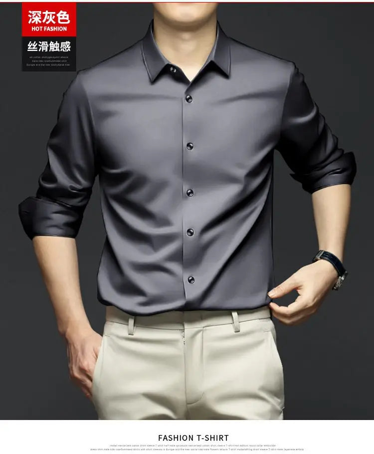 S-6XL Men's Long Sleeve Shirt Luxury Wrinkle Resistant Pure White Shirt Business Dress Casual Ice Silk Glossy Shirt
