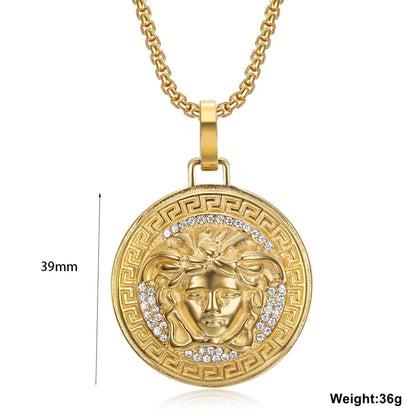 18k Gold Plated Hiphop Jewelry Stainless Steel Crystal Medusa Pendant Necklace for Men and Women