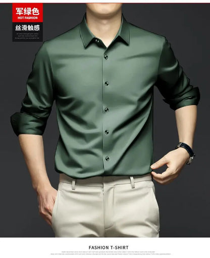 S-6XL Men's Long Sleeve Shirt Luxury Wrinkle Resistant Pure White Shirt Business Dress Casual Ice Silk Glossy Shirt