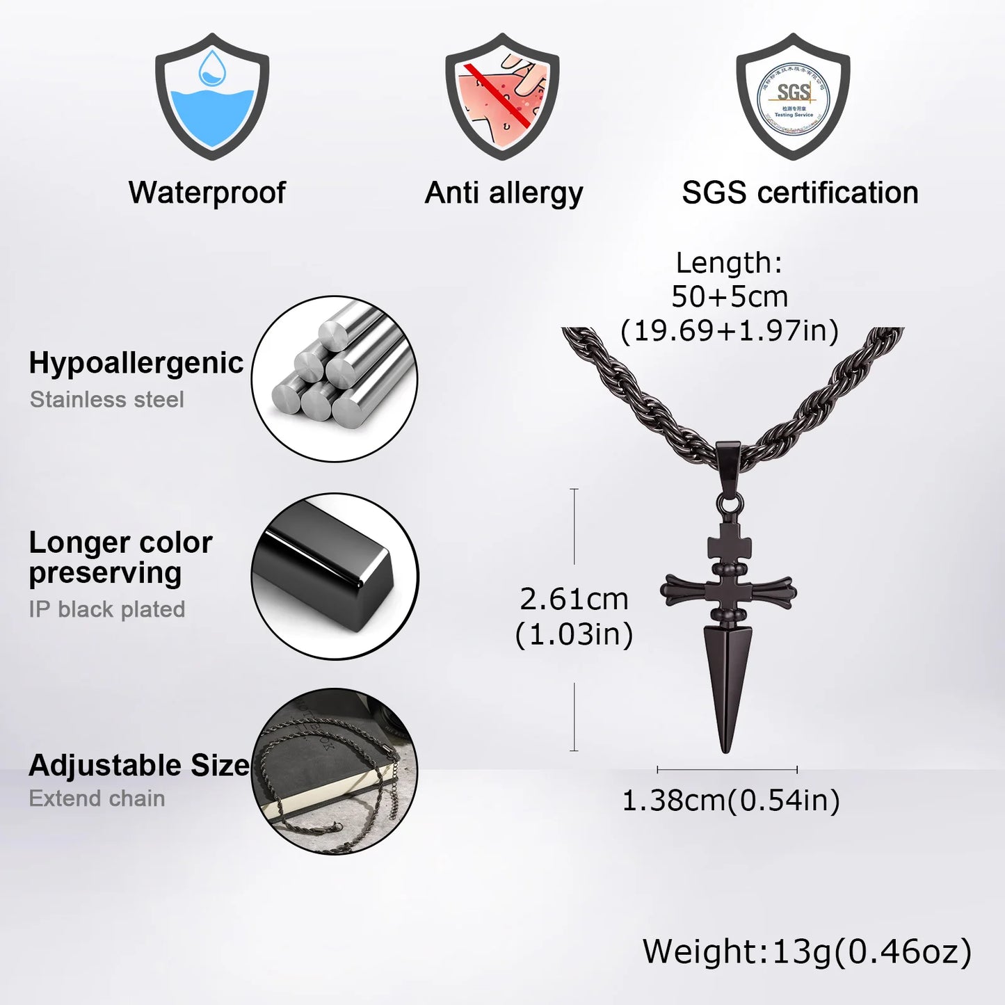 Cool Punk Sword Cross Pendant Necklace for Men Stainless Steel Twist Chain Necklace Fashion Casual Style Jewelry