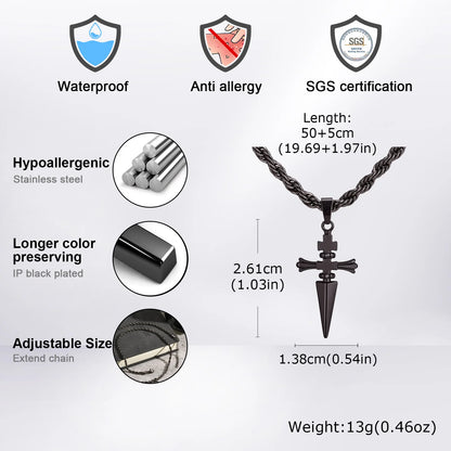 Cool Punk Sword Cross Pendant Necklace for Men Stainless Steel Twist Chain Necklace Fashion Casual Style Jewelry