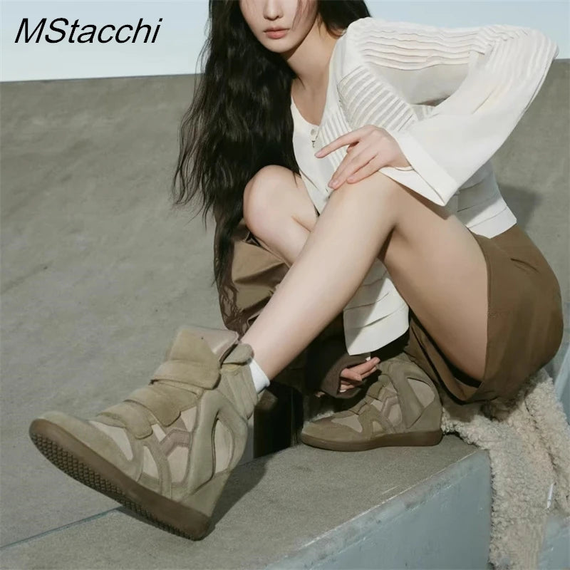 Women's High-top Shoes Suede Leather Casual Wedge Boots Flat Sneakers Hook Loop Heightening Shoes Luxury Short Botas Femininas