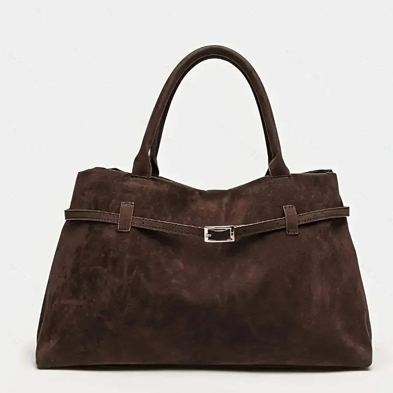 Women's Suede Retro Tote Bag, Elegant Coffee-Colored Faux Suede Handbag, Versatile Shoulder Bag for Commuting and Casual Use