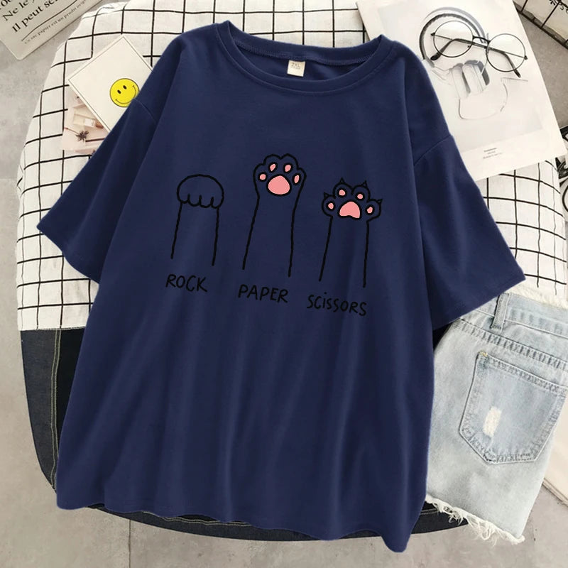 Rock Paper Scissors Funny Cat Print T Shirt Women Summer Soft Oversized Tops Fashion Casual Short Sleeve Street Cotton Tshirt