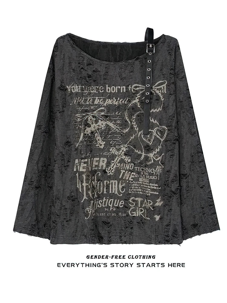 Vintage Y2K Oversize Off shoulder T shirt With Print Women Ripped Top Hole Long sleeve Baggy Basic T shirt Pulovers Ladies Tops