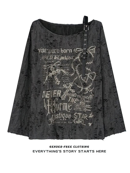Vintage Y2K Oversize Off shoulder T shirt With Print Women Ripped Top Hole Long sleeve Baggy Basic T shirt Pulovers Ladies Tops