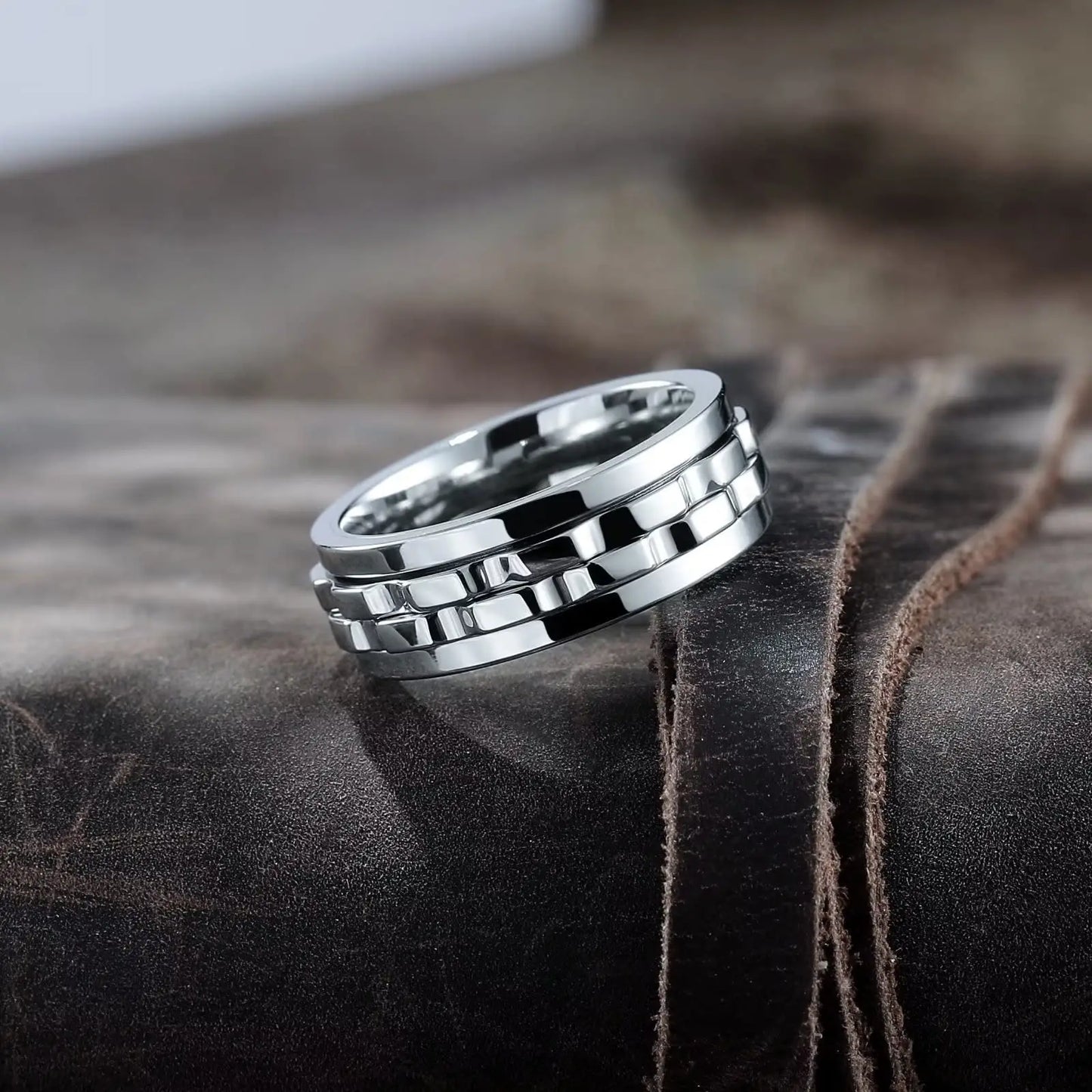 Fashion Punk Style Gear Rotating Anxiety Fidget Ring Titanium Steel Chain Spinner Rings For Men Rock Biker Wedding Party Jewelry