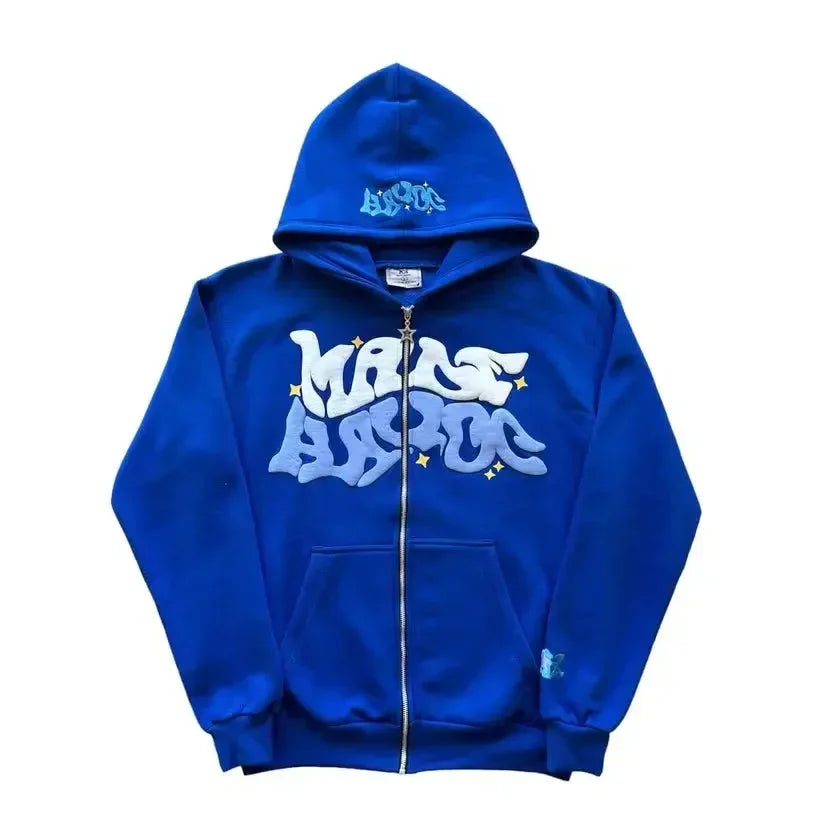 Zipper hooded sweatshirt with retro American letters suitable for men and women wearing Y2K jacket autumn/winter cardigan