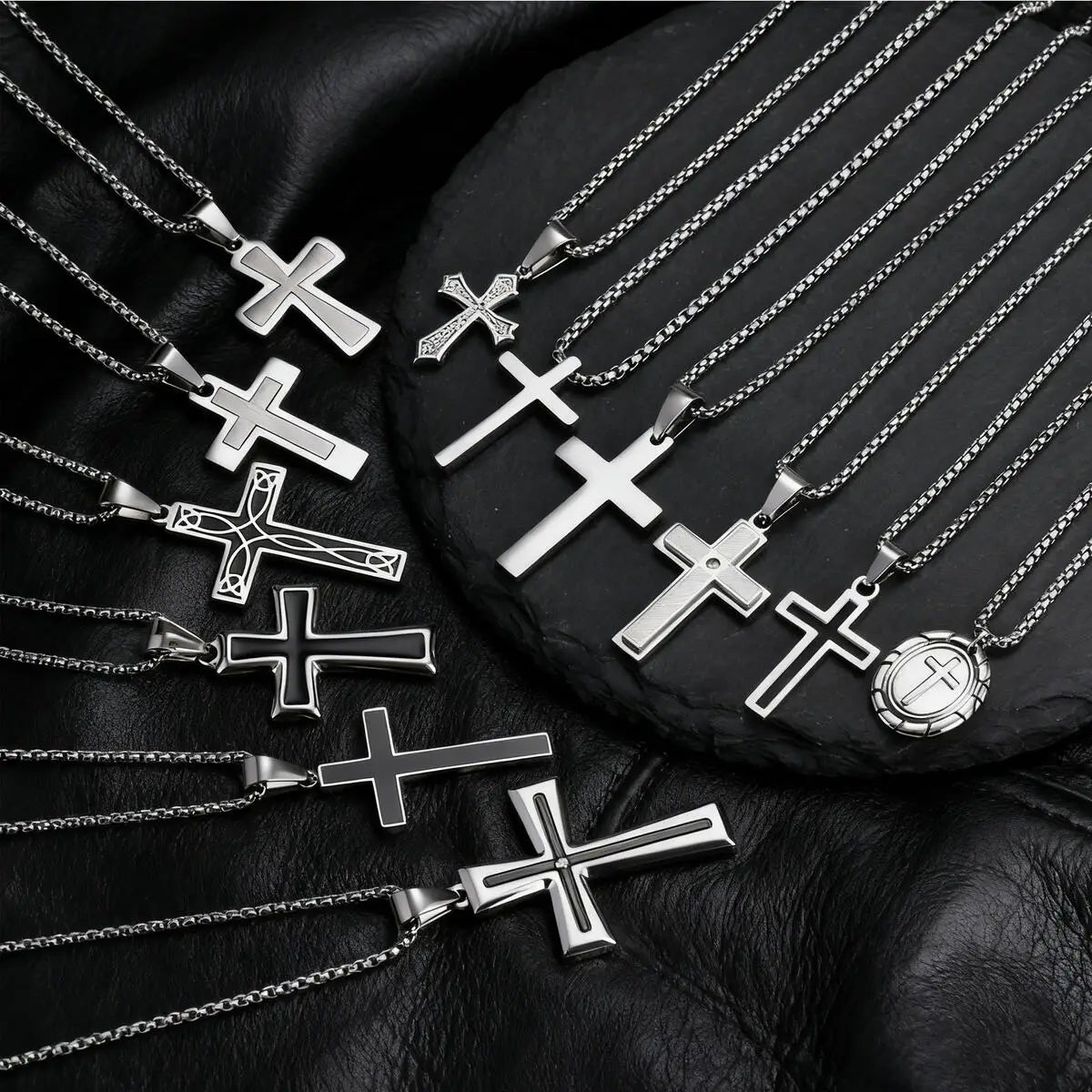 Basic Punk Cross Necklace for Men Boys,Stainless Steel Silver Color Cross Pendant Necklace,Christian Religious Jewelry Gift
