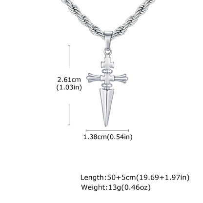 Cool Punk Sword Cross Pendant Necklace for Men Stainless Steel Twist Chain Necklace Fashion Casual Style Jewelry