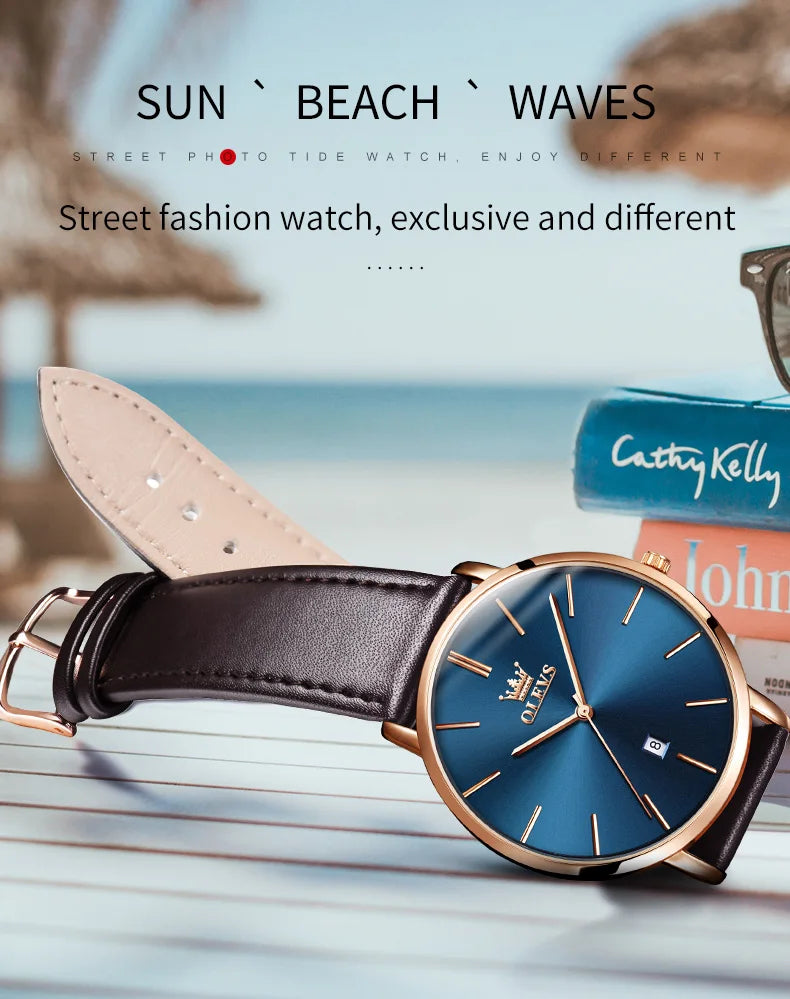 Top Brand OLEVS Ultra Thin 6.5mm Minimalist Fashion Quartz Watch for Men Leather Strap Auto Date Male Waterproof Mens Wristwatch