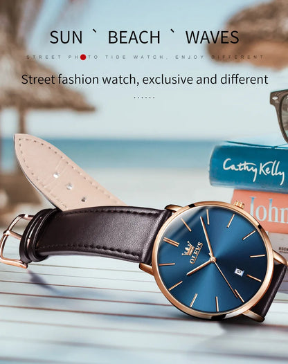 Top Brand OLEVS Ultra Thin 6.5mm Minimalist Fashion Quartz Watch for Men Leather Strap Auto Date Male Waterproof Mens Wristwatch