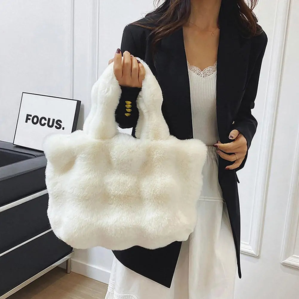 Women Plush Shoulder Bag Fluffy Handbag Large Capacity Casual Commuting Bag Furry Carrying Bag Soft Shopper Bag