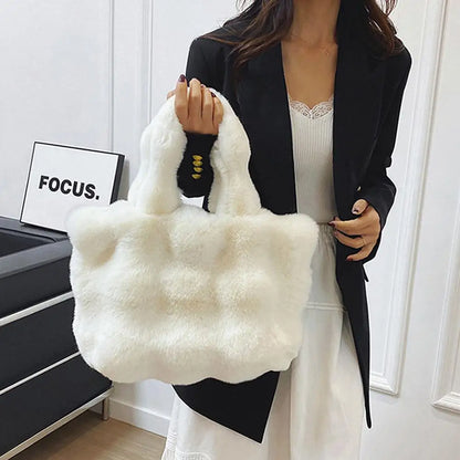 Women Plush Shoulder Bag Fluffy Handbag Large Capacity Casual Commuting Bag Furry Carrying Bag Soft Shopper Bag