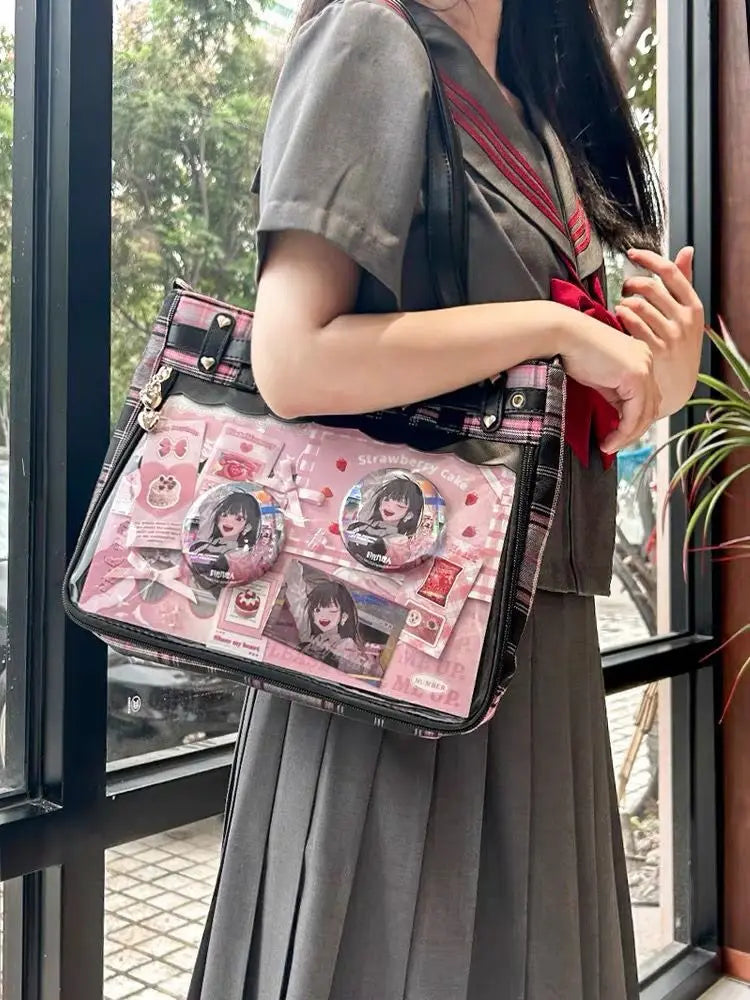 Women Fashion Checkered Pattern Retro Ita Bag Cute Girl Transparent Large Capacity Tote Bag DIY Display Handbag New Shoulder Bag