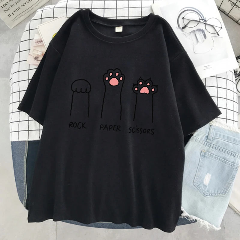 Rock Paper Scissors Funny Cat Print T Shirt Women Summer Soft Oversized Tops Fashion Casual Short Sleeve Street Cotton Tshirt