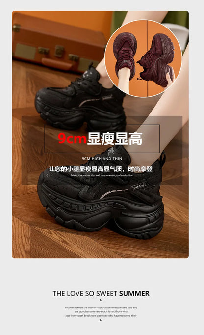 9cm Genuine Leather Chunky Sneakers for Women Fashion Sneakers Walking Shoes Platform Heel Sneakers Women Casual Shoes