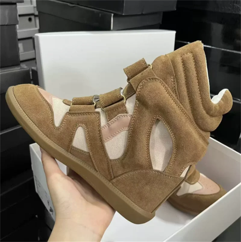 Women's High-top Shoes Suede Leather Casual Wedge Boots Flat Sneakers Hook Loop Heightening Shoes Luxury Short Botas Femininas