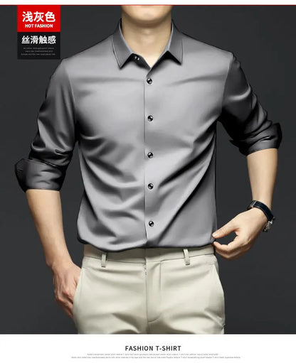 S-6XL Men's Long Sleeve Shirt Luxury Wrinkle Resistant Pure White Shirt Business Dress Casual Ice Silk Glossy Shirt