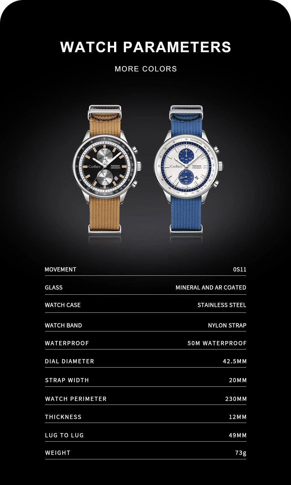 CADISEN New Mens Watches Luxury Quartz Watch For Man Chronograph Japan MIYOTA 0S11 Men Gift Luminous Waterproof Canvas Wristwatc