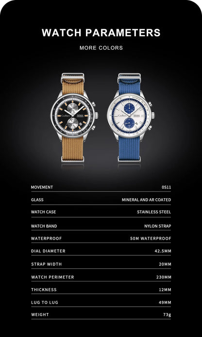 CADISEN New Mens Watches Luxury Quartz Watch For Man Chronograph Japan MIYOTA 0S11 Men Gift Luminous Waterproof Canvas Wristwatc