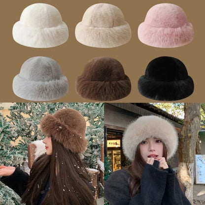 Women's Fluffy Fur Bucket Hat Plush Winter Fisherman Cap Warm Thick Hat for Snowy Days Christmas Gifts