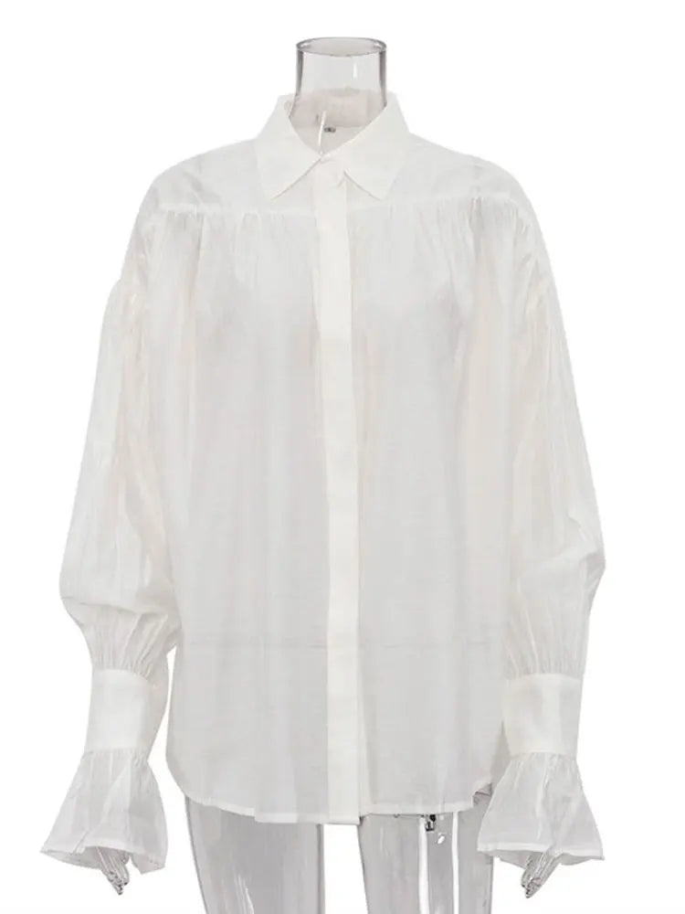 Tossy Casual Loose See-Through Shirts Women's Autumn Lapel Long Sleeve Patchwork Blouse Top Streetwear Female Solid Shirts Top