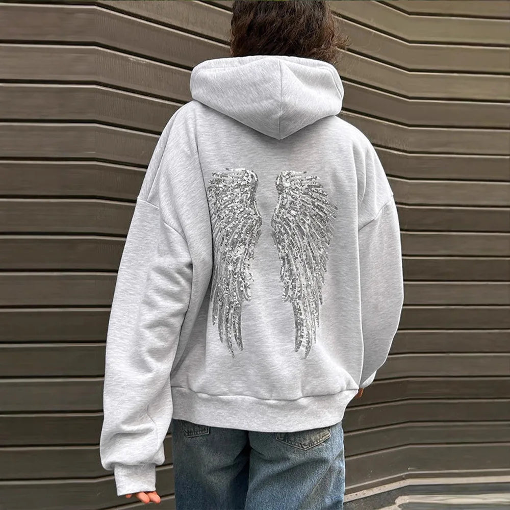 Fashion Wings Beads Sweathirts Women Oversized Hoodies Fleece Lining Sequined Casual Pullover Top Y2K Clothes Lady Outfits 2026