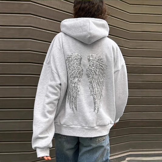 Fashion Wings Beads Sweathirts Women Oversized Hoodies Fleece Lining Sequined Casual Pullover Top Y2K Clothes Lady Outfits 2026