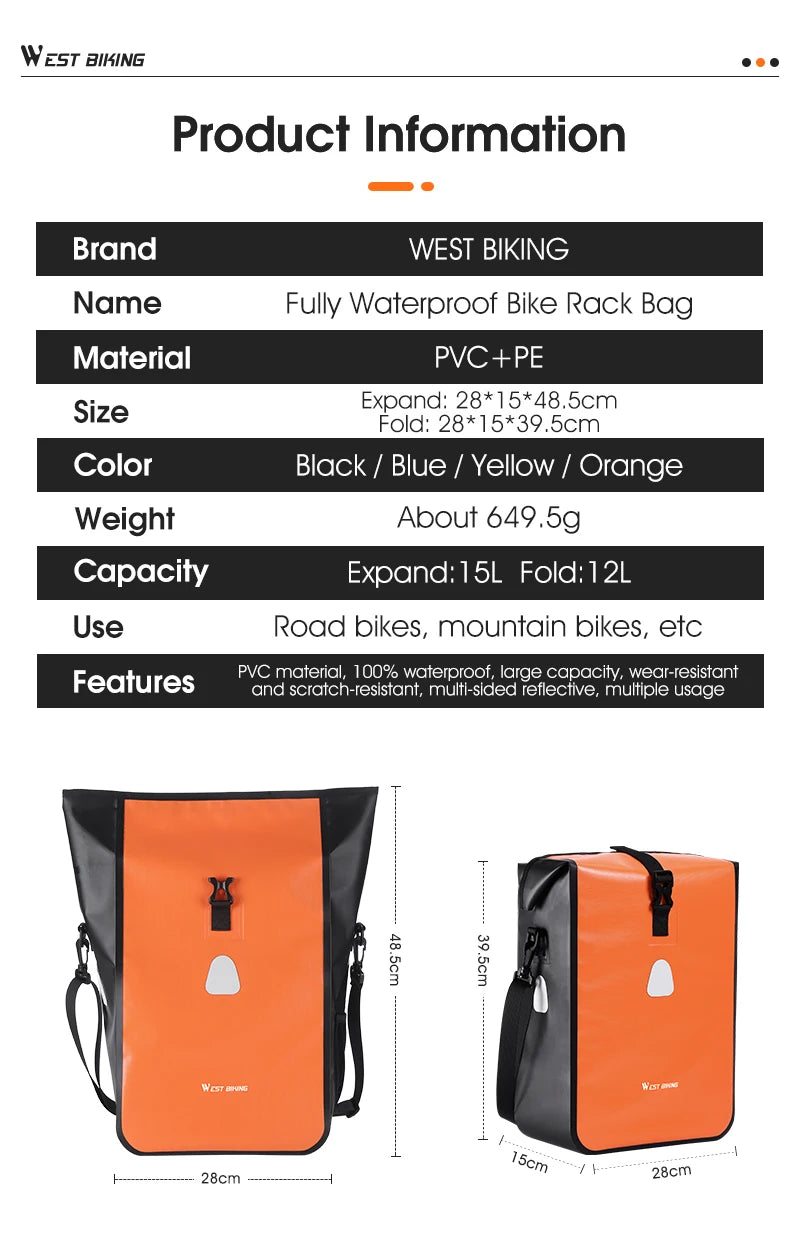 WEST BIKING Cycling Bicycle Bike Rear Seat Trunk Bag Large Capacity Panniers Reflective Rear Bag Waterproof Bicycle Storage Bag