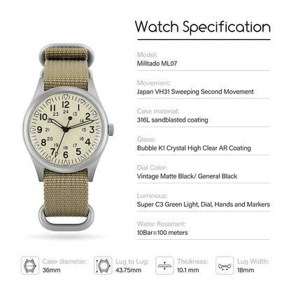 Militado ML07 Quartz Watches VH31/Miyota 2035 Movement Domed Sapphire Crystal Military Watch 100m Waterproof Luminous Mens Watch