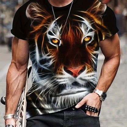 Tiger Print T-Shirt 3D Animal Men's Shirts Summer Short Sleeved Male Pullover Oversized T-shirts Casual Tops Tees Men Clothing