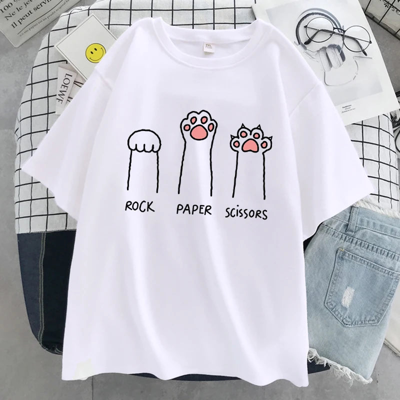 Rock Paper Scissors Funny Cat Print T Shirt Women Summer Soft Oversized Tops Fashion Casual Short Sleeve Street Cotton Tshirt