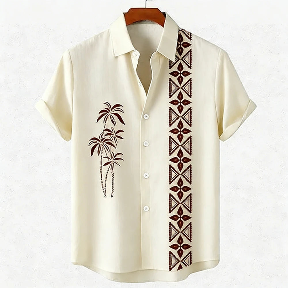 Men's new green linen short-sleeved shirt HD coconut tree pattern 3D printed shirt Hawaiian vacation outdoor social men's wear