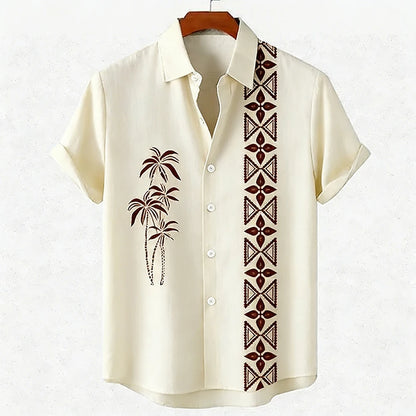 Men's new green linen short-sleeved shirt HD coconut tree pattern 3D printed shirt Hawaiian vacation outdoor social men's wear