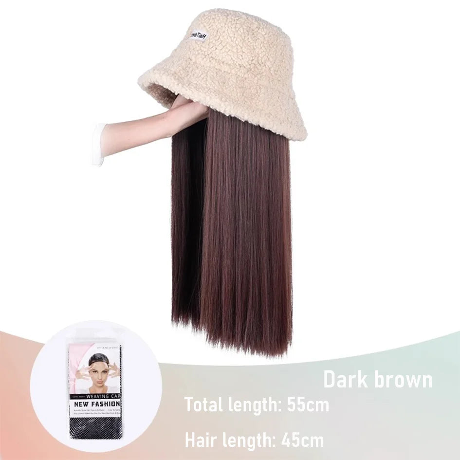 Synthetic 50cm winter cold resistant wig hat with long straight hair and long curly hair black/white hat with lambhair Christmas