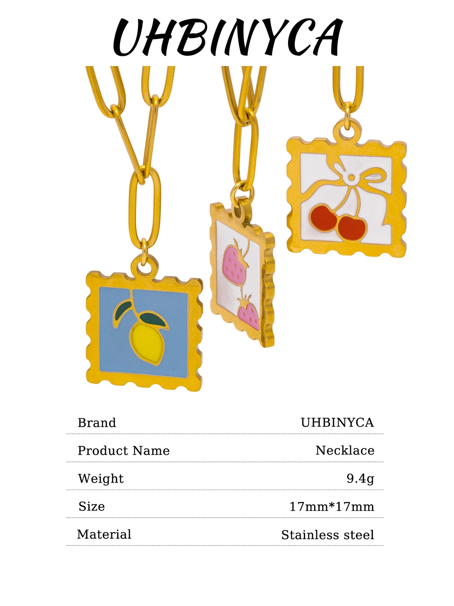 316L Stainless Steel Necklace - Whimsical Cherry Strawberry Charm Pendant, 17mm Square Hypoallergenic Dainty Jewelry for Women