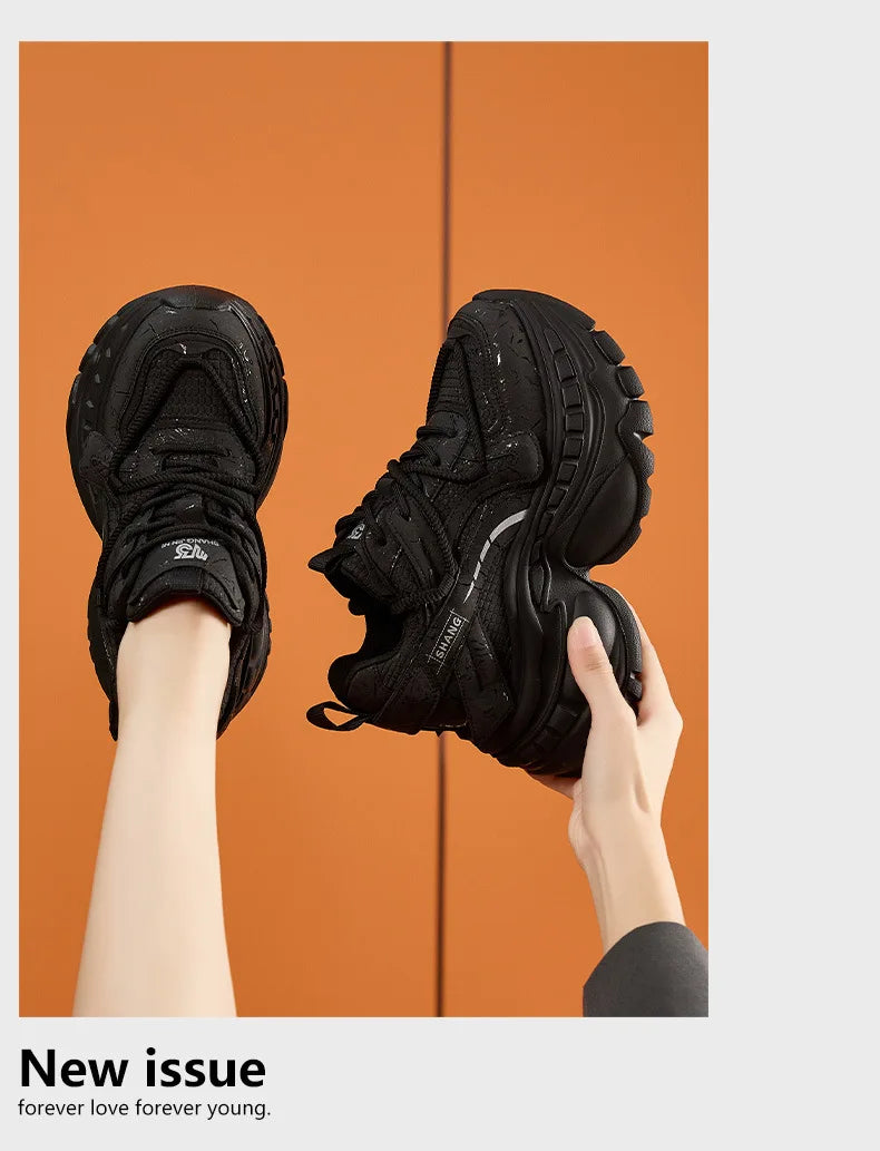 9cm Genuine Leather Chunky Sneakers for Women Fashion Sneakers Walking Shoes Platform Heel Sneakers Women Casual Shoes